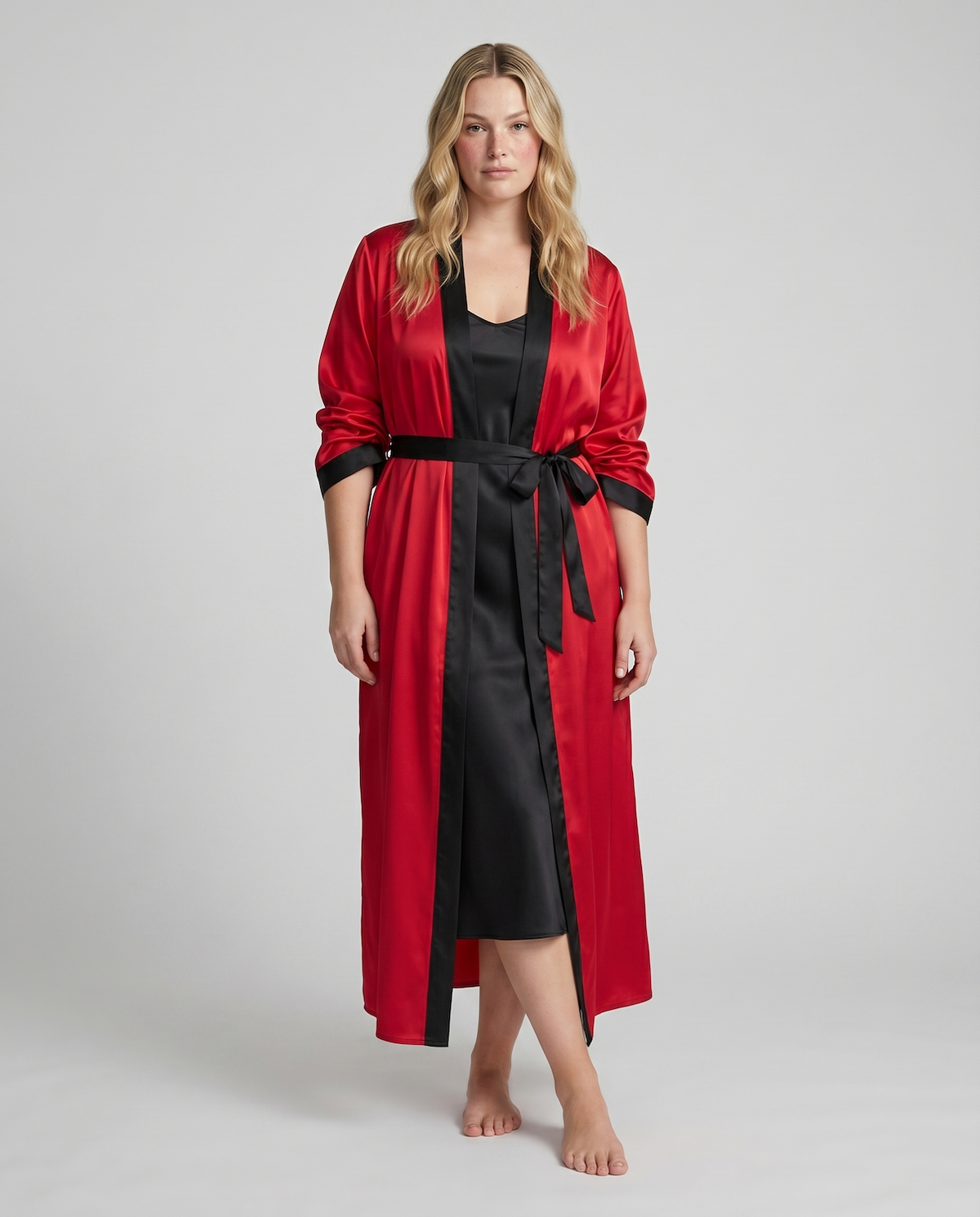 Luxurious Satin Kimono Robe with Contrast Trim – Long Sleeve, Belted, Machine Washable