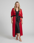 Luxurious Satin Kimono Robe with Contrast Trim – Long Sleeve, Belted, Machine Washable