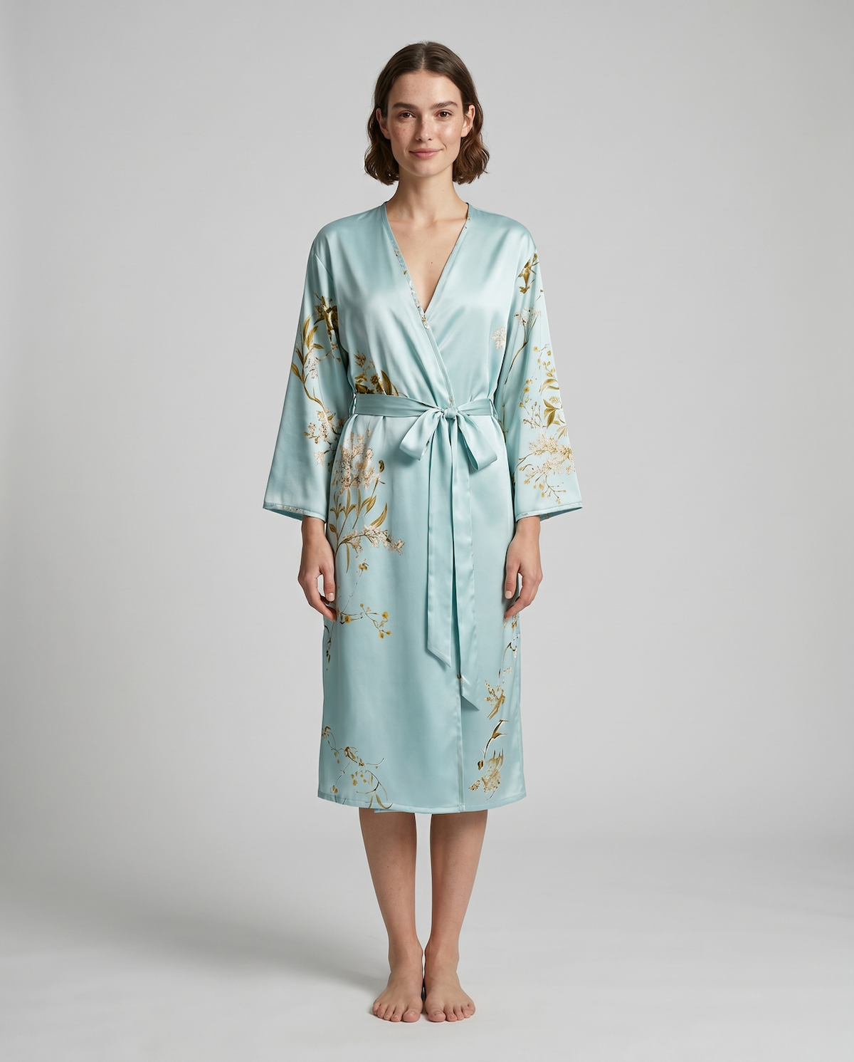 Luxury Cherry Silk Floral Robe – Soft Lightweight Long Sleeve Robe for Women