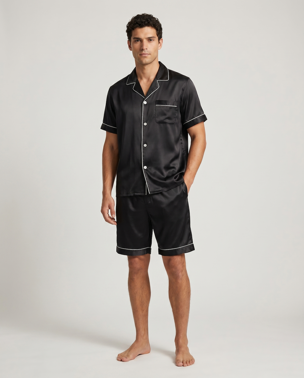 Men’s 100% Mulberry Silk Short Sleeve Set – Suit Collar Loungewear Set