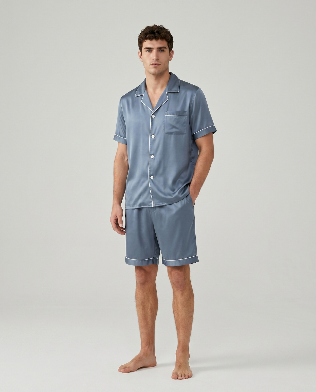 Men’s 100% Mulberry Silk Short Sleeve Set – Suit Collar Loungewear Set