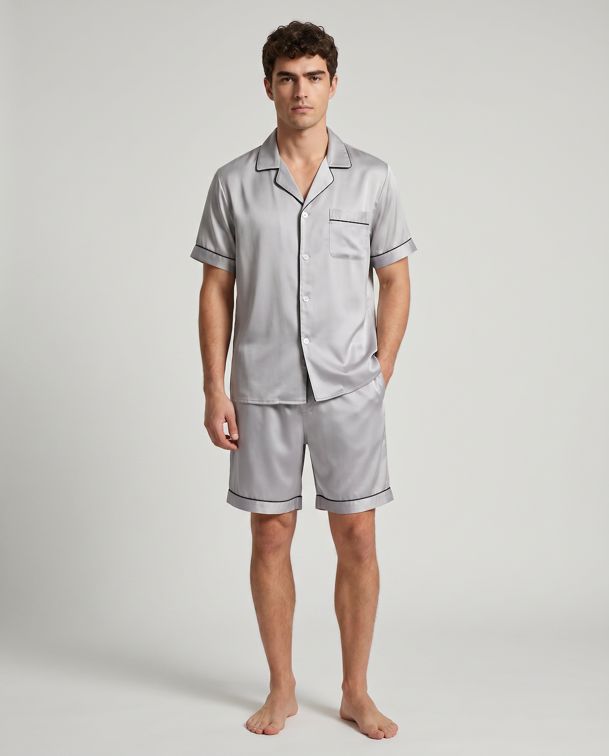 Men’s 100% Mulberry Silk Short Sleeve Set – Suit Collar Loungewear Set