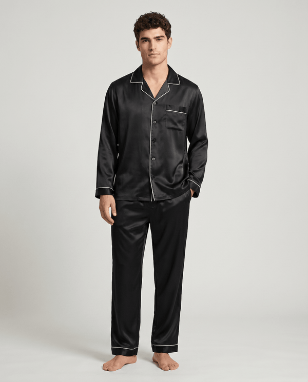 Men’s Cooling Silk-Feel Pajama Set – Breathable Long Sleeve Sleepwear for Night Comfort