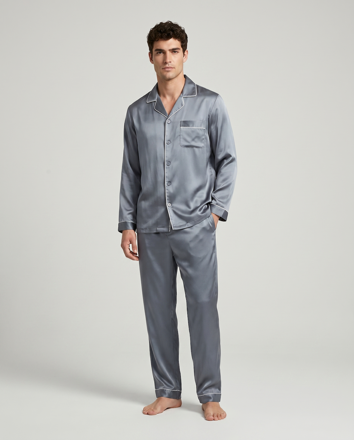 Men’s Cooling Silk-Feel Pajama Set – Breathable Long Sleeve Sleepwear for Night Comfort