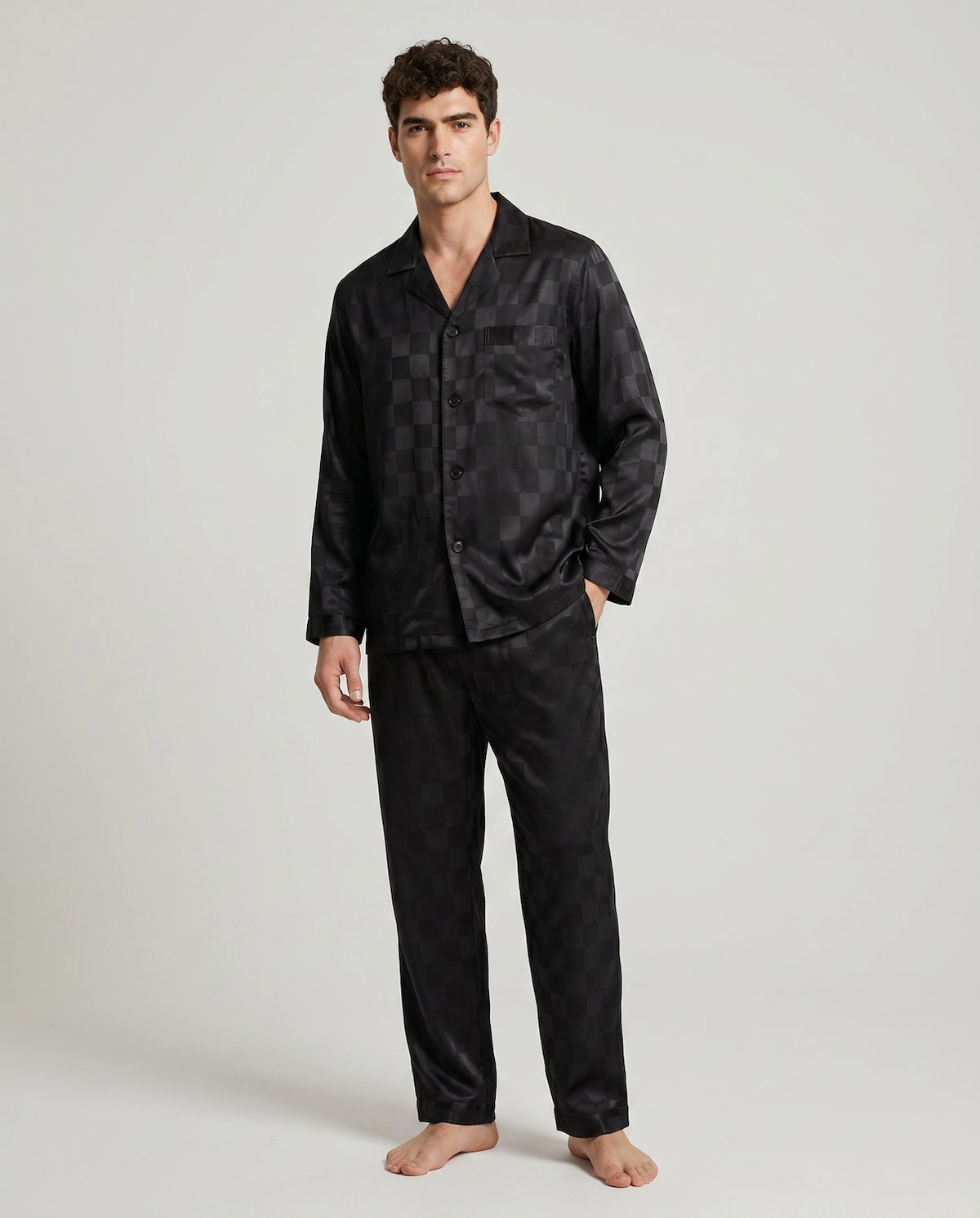 Men’s Ice Silk Long-Sleeve Pajama Set – Two-Piece Plaid Loungewear