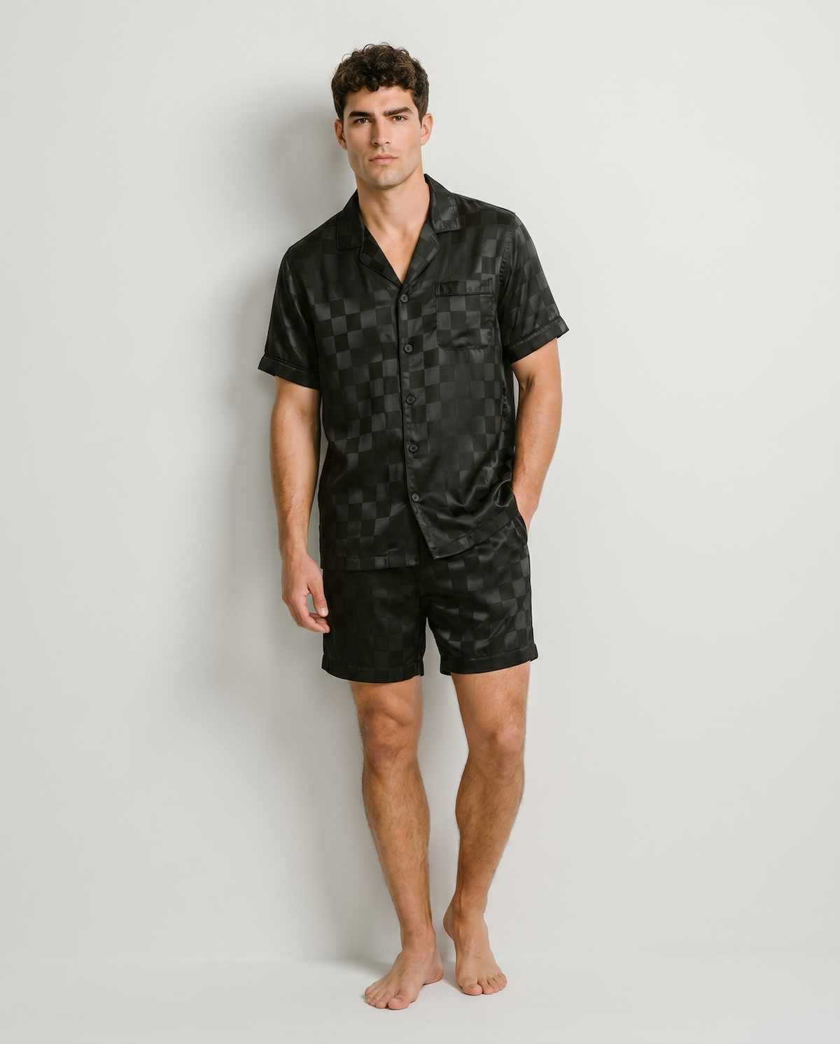 Men’s Ice Silk Long-Sleeve Pajama Set – Two-Piece Plaid Loungewear