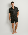 Men’s Ice Silk Long-Sleeve Pajama Set – Two-Piece Plaid Loungewear