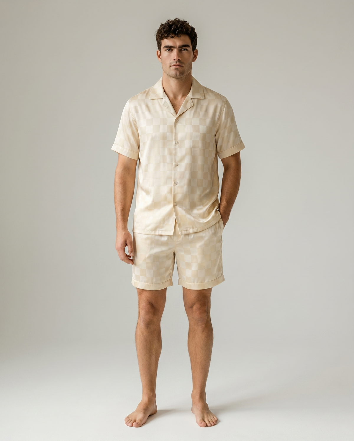Men’s Ice Silk Long-Sleeve Pajama Set – Two-Piece Plaid Loungewear
