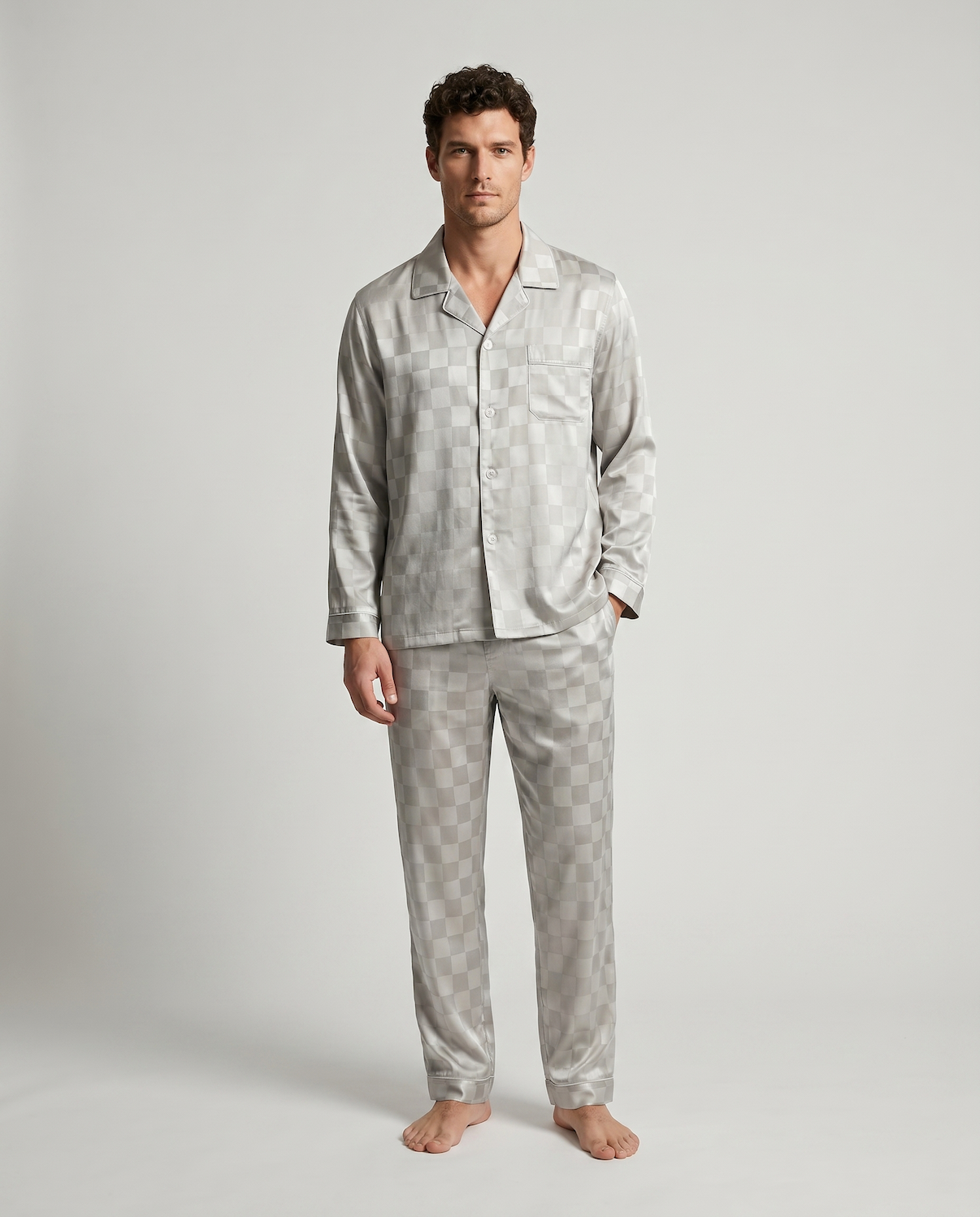 Men’s Ice Silk Long-Sleeve Pajama Set – Two-Piece Plaid Loungewear