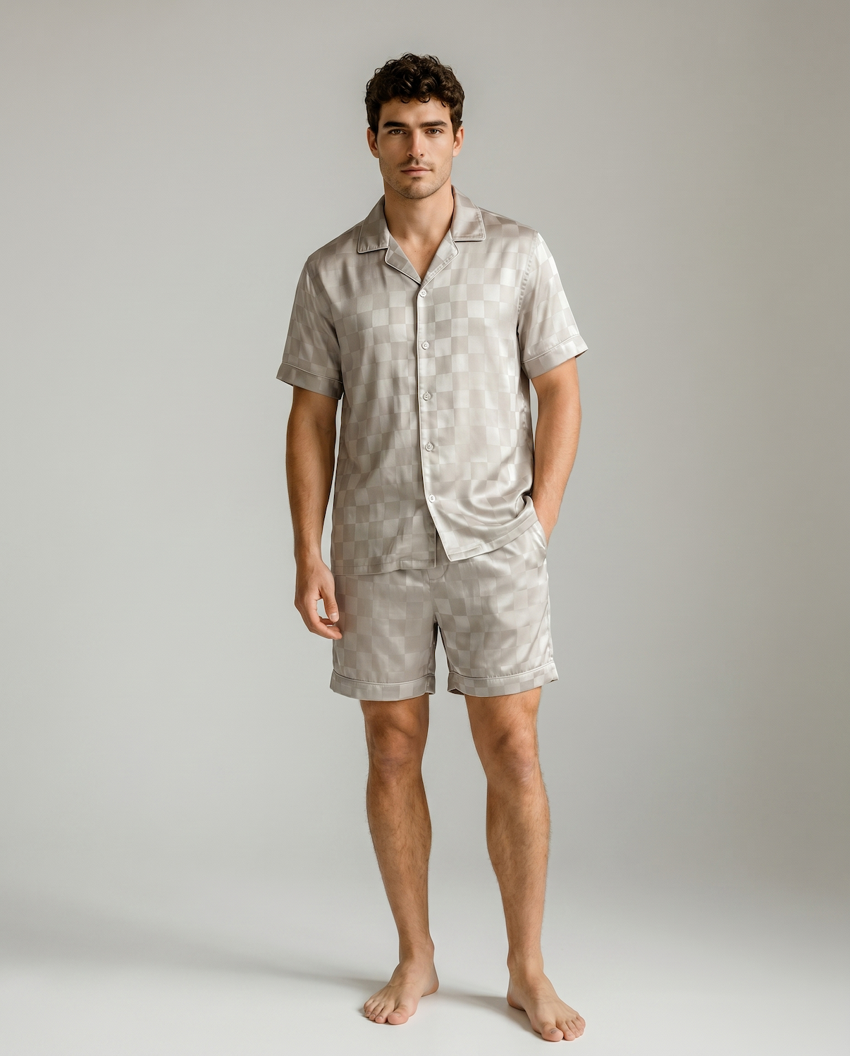 Men’s Ice Silk Long-Sleeve Pajama Set – Two-Piece Plaid Loungewear