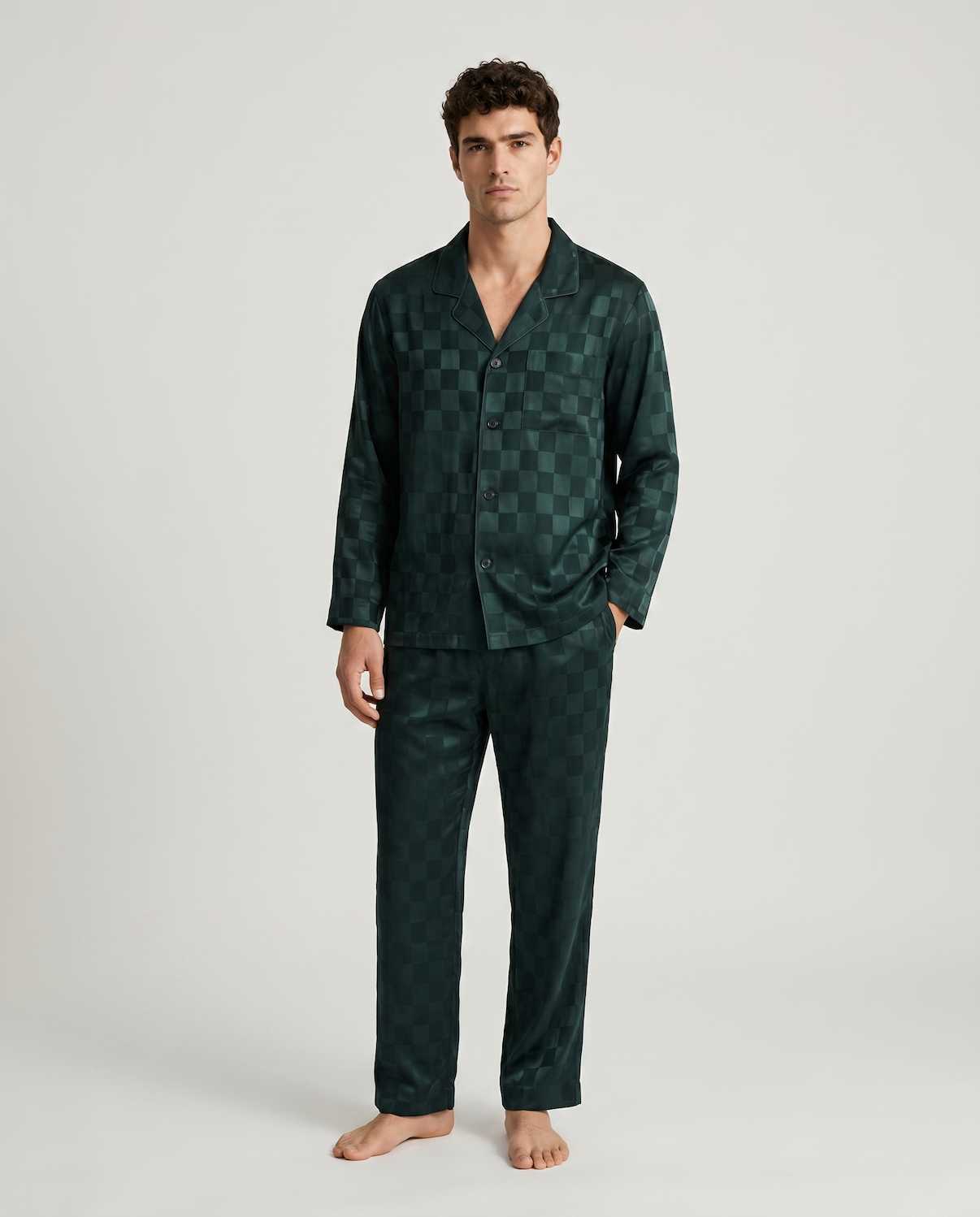Men’s Ice Silk Long-Sleeve Pajama Set – Two-Piece Plaid Loungewear