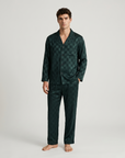 Men’s Ice Silk Long-Sleeve Pajama Set – Two-Piece Plaid Loungewear