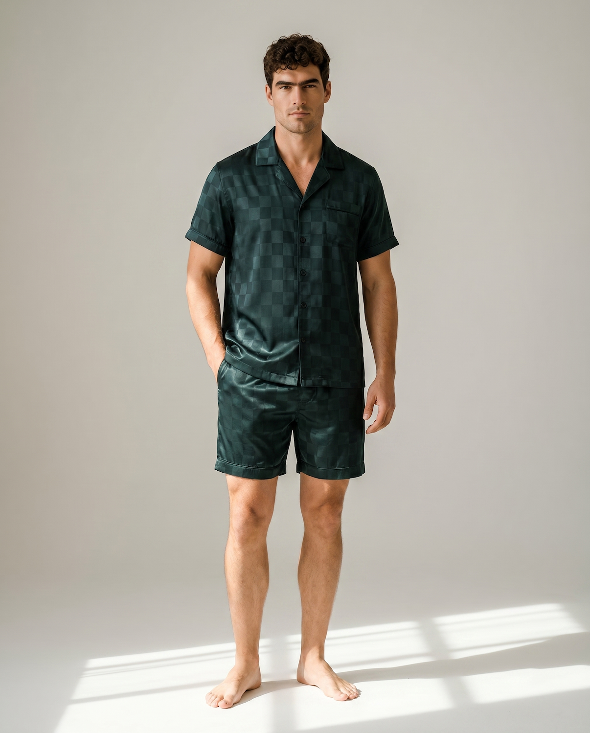 Men’s Ice Silk Long-Sleeve Pajama Set – Two-Piece Plaid Loungewear