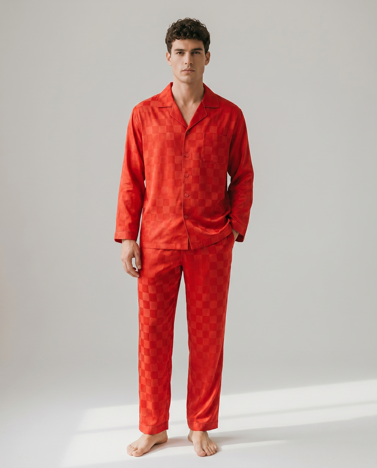 Men’s Ice Silk Long-Sleeve Pajama Set – Two-Piece Plaid Loungewear