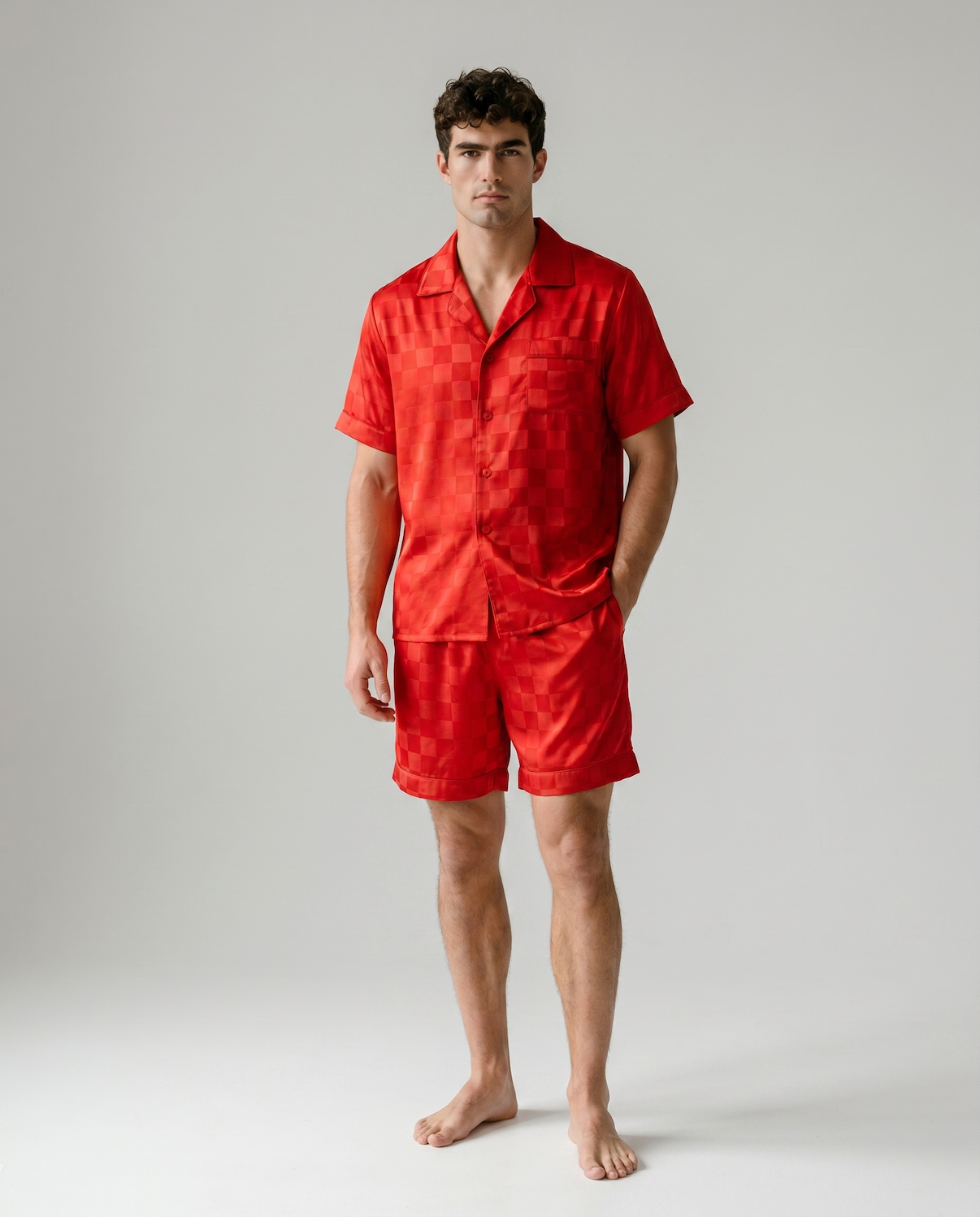 Men’s Ice Silk Long-Sleeve Pajama Set – Two-Piece Plaid Loungewear