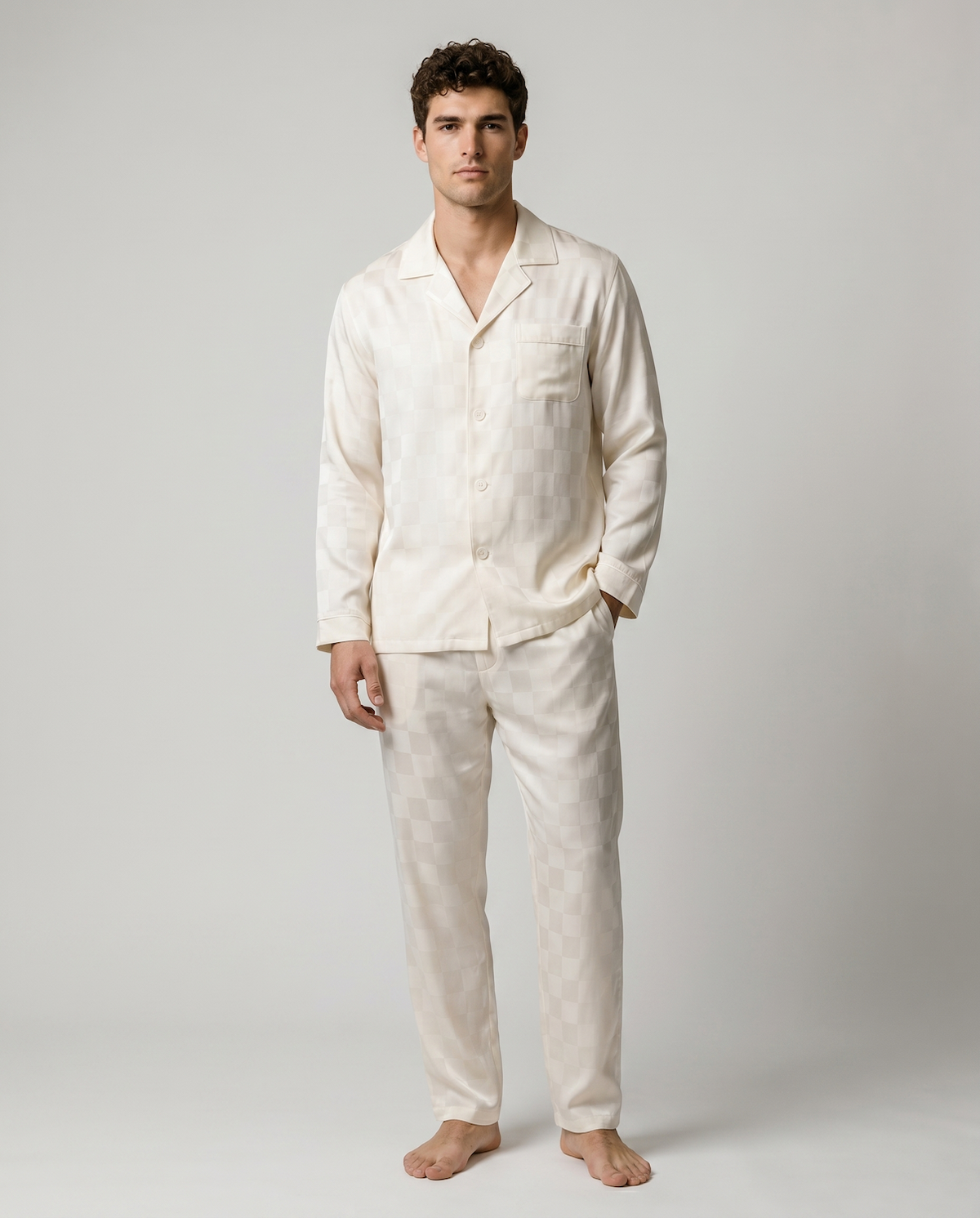 Men’s Ice Silk Long-Sleeve Pajama Set – Two-Piece Plaid Loungewear