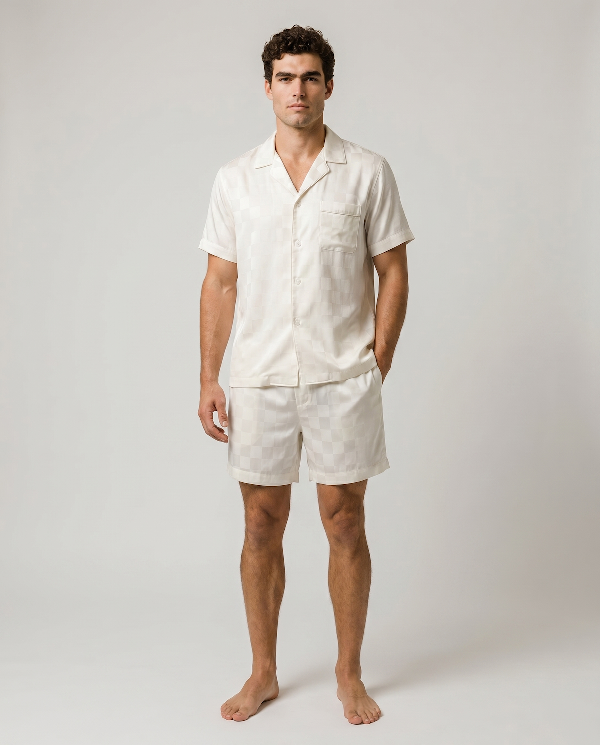 Men’s Ice Silk Long-Sleeve Pajama Set – Two-Piece Plaid Loungewear