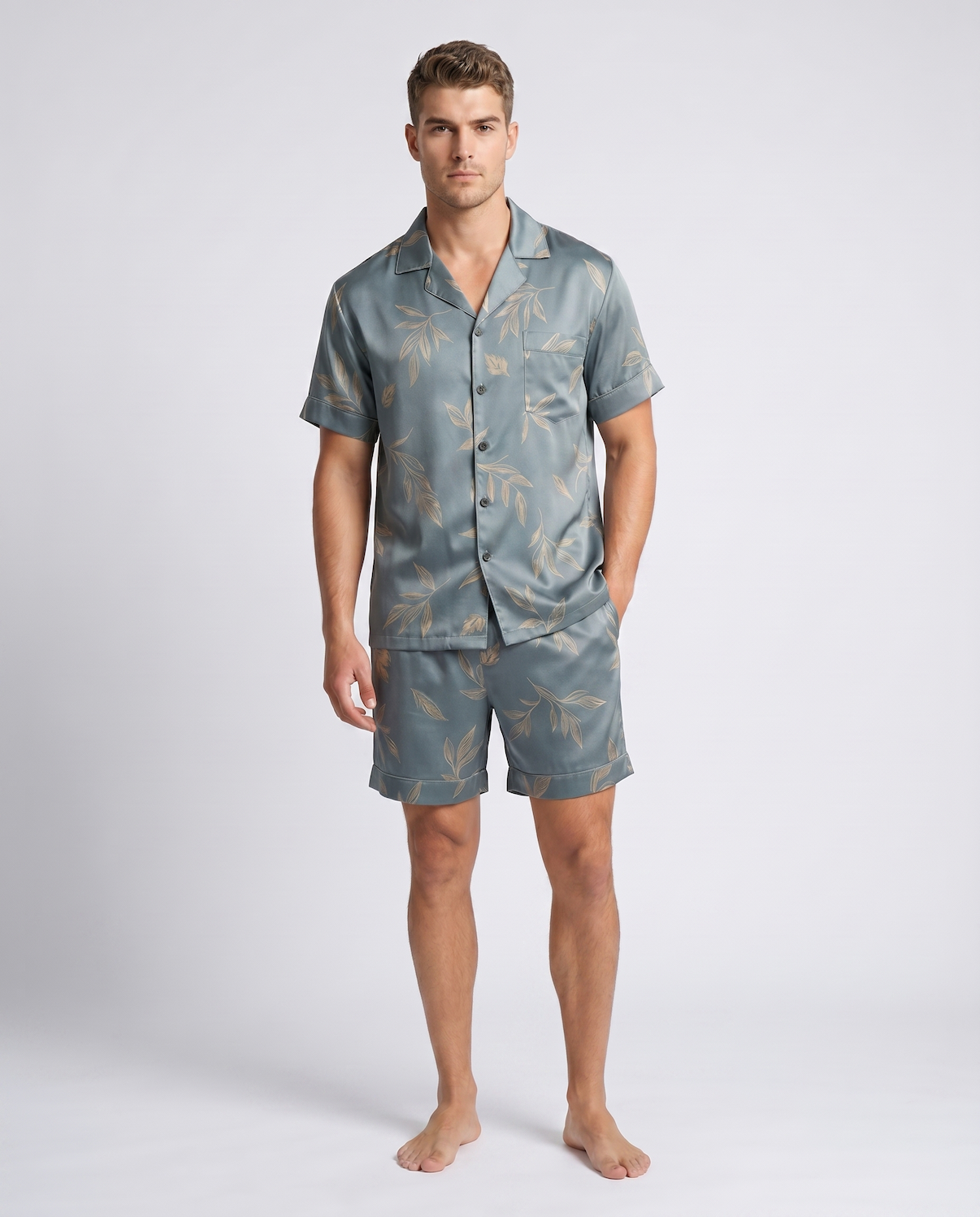 Men’s Ice Silk Pajama Set – Short Sleeve Loose Fit Sleepwear & Homewear Suit