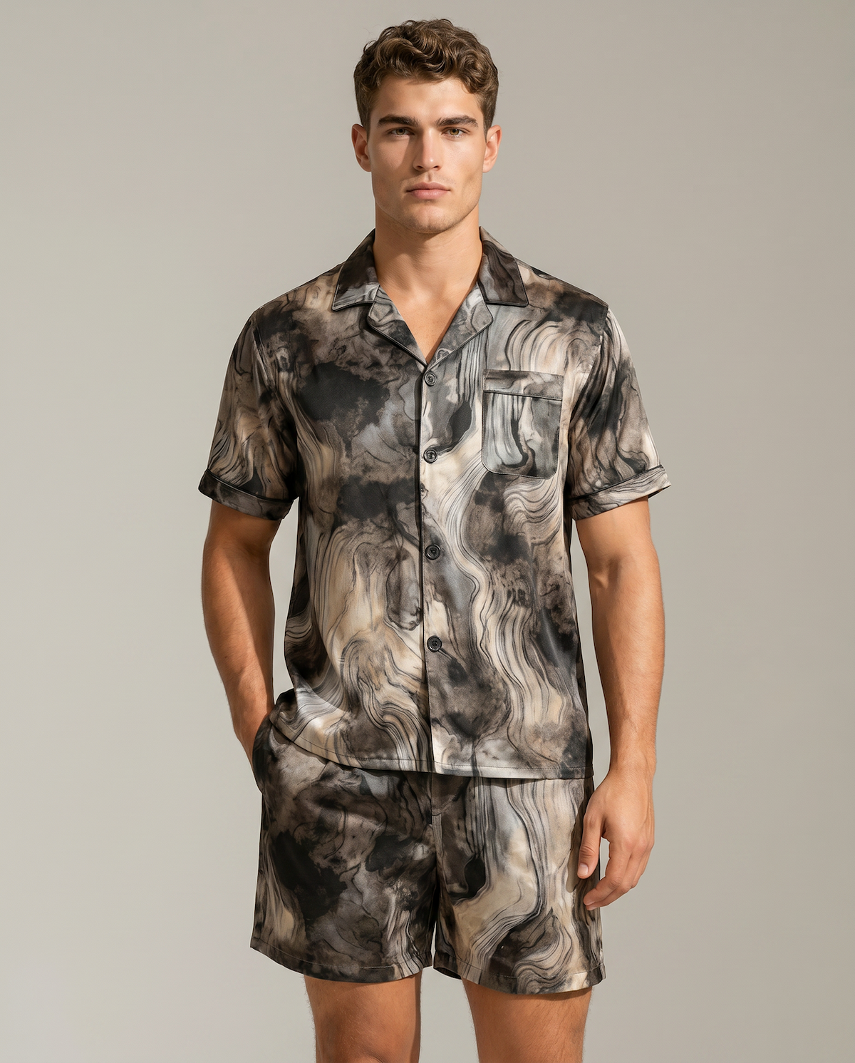 Men’s Ice Silk Pajama Set – Short Sleeve Loose Fit Sleepwear &amp; Homewear Suit