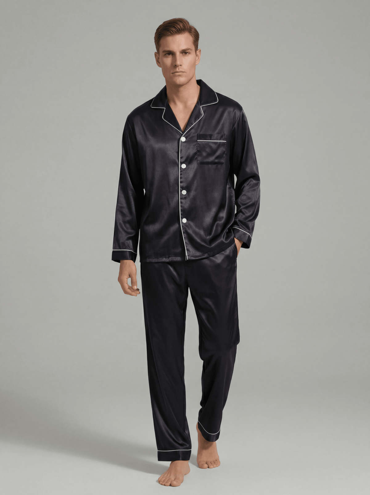 Men's Ice Silk Pajamas – Long Sleeve Pants Set for Spring and Autumn, Casual Summer Silk Suit