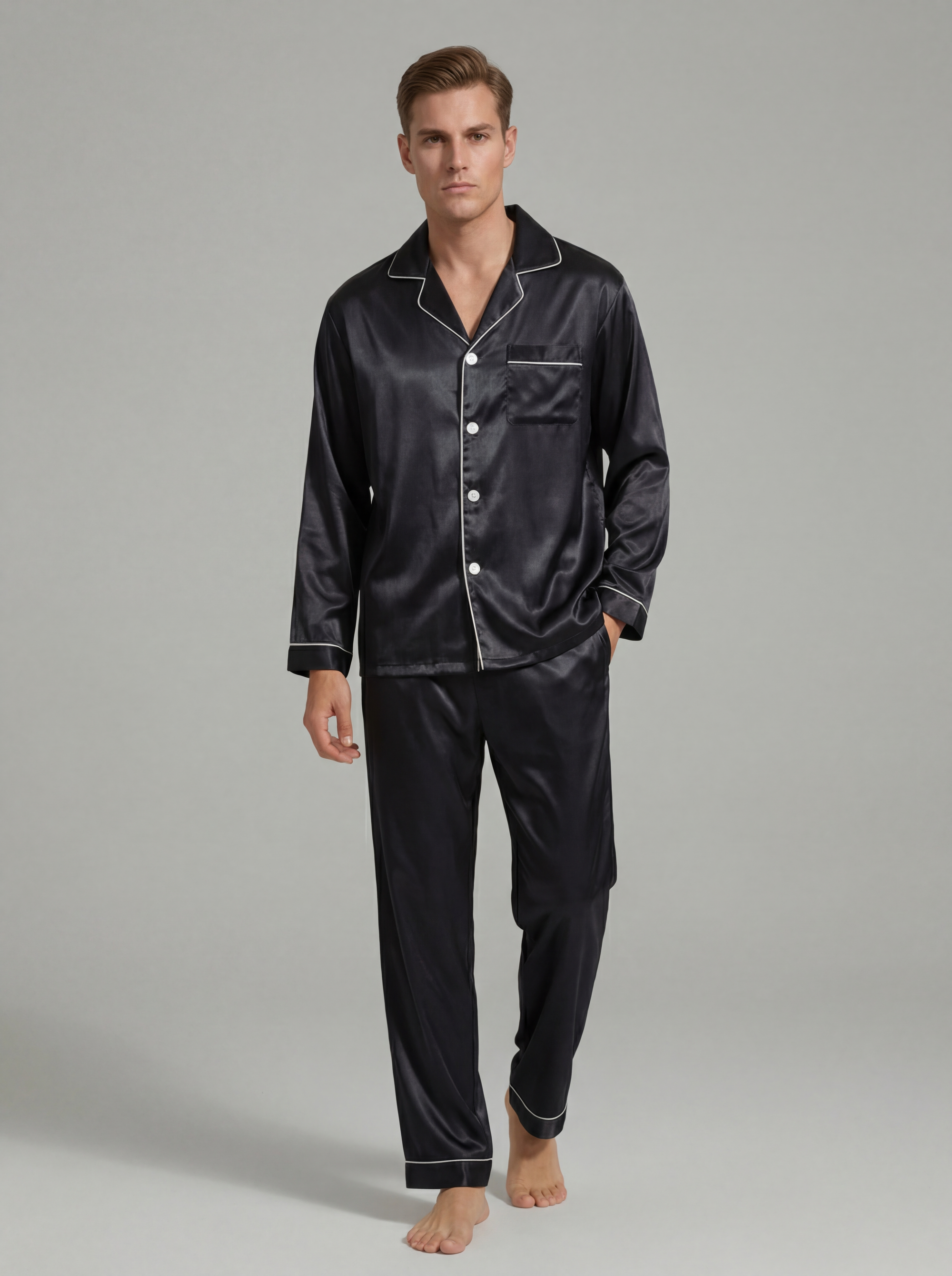 Men's Ice Silk Pajamas – Long Sleeve Pants Set for Spring and Autumn, Casual Summer Silk Suit