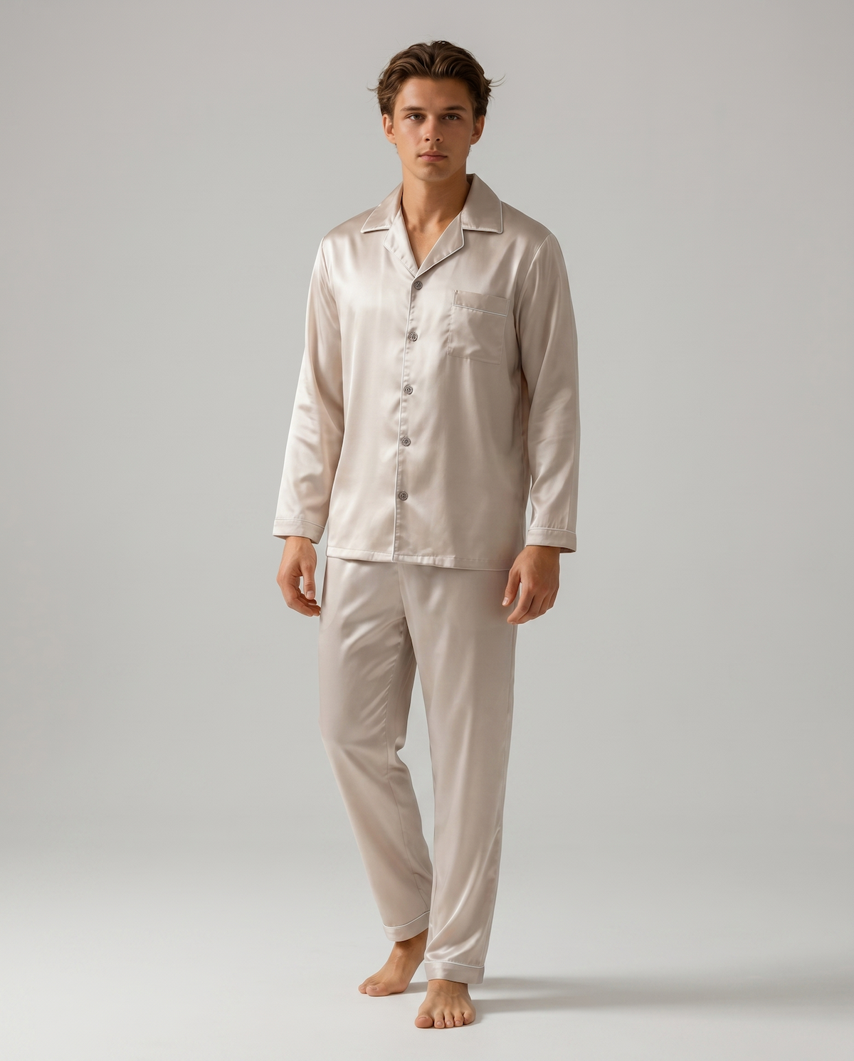 Men's Ice Silk Pajamas – Long Sleeve Pants Set for Spring and Autumn, Casual Summer Silk Suit