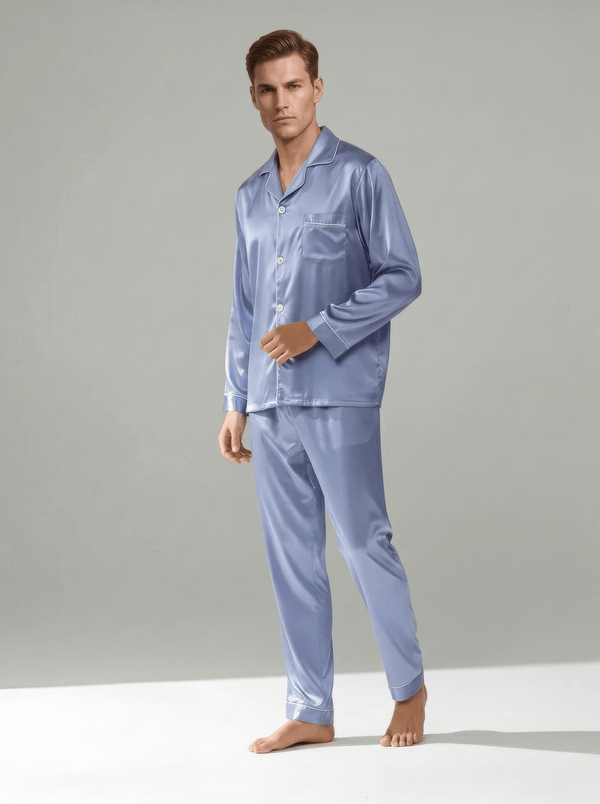 Men's Ice Silk Pajamas – Long Sleeve Pants Set for Spring and Autumn, Casual Summer Silk Suit