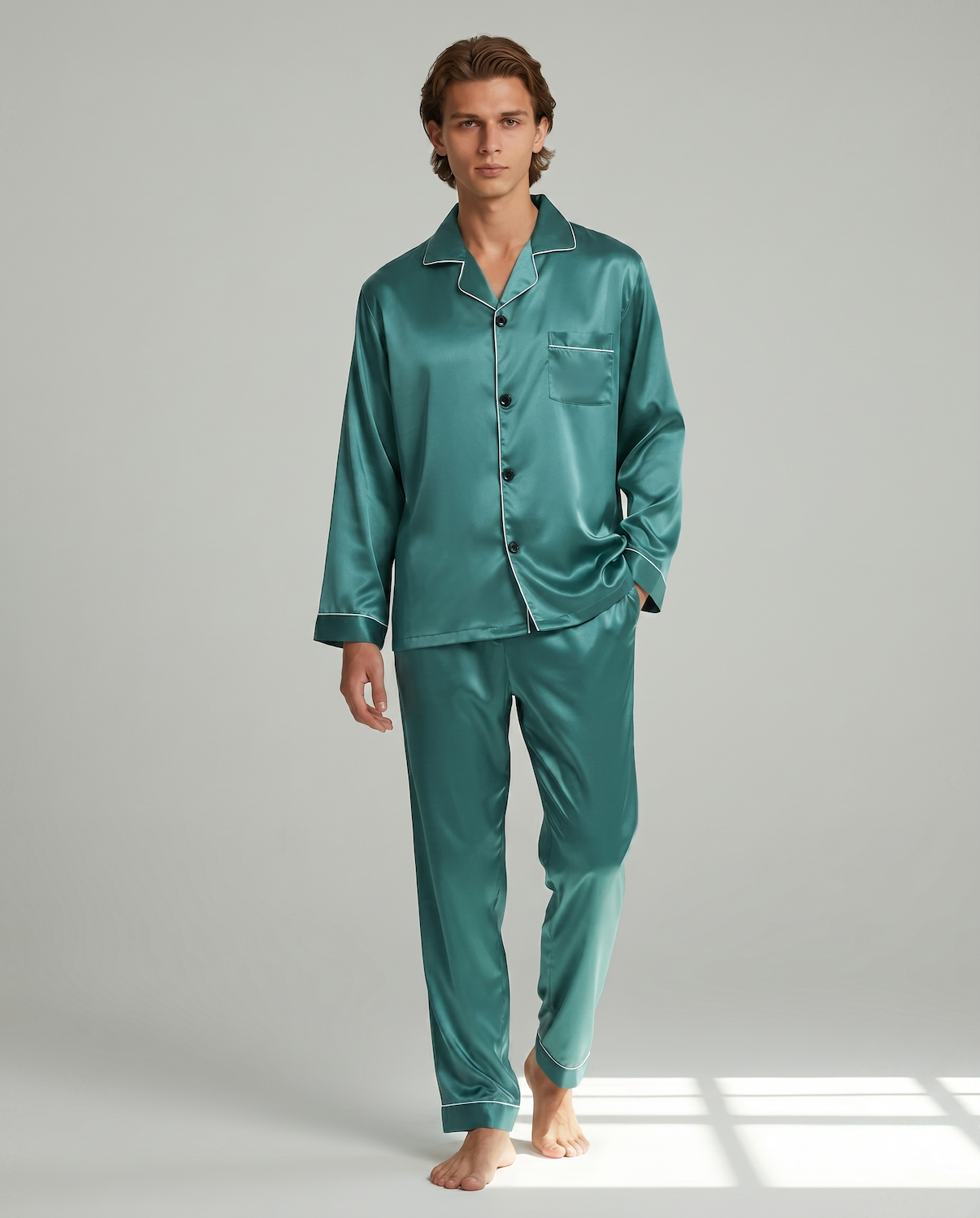 Men's Ice Silk Pajamas – Long Sleeve Pants Set for Spring and Autumn, Casual Summer Silk Suit