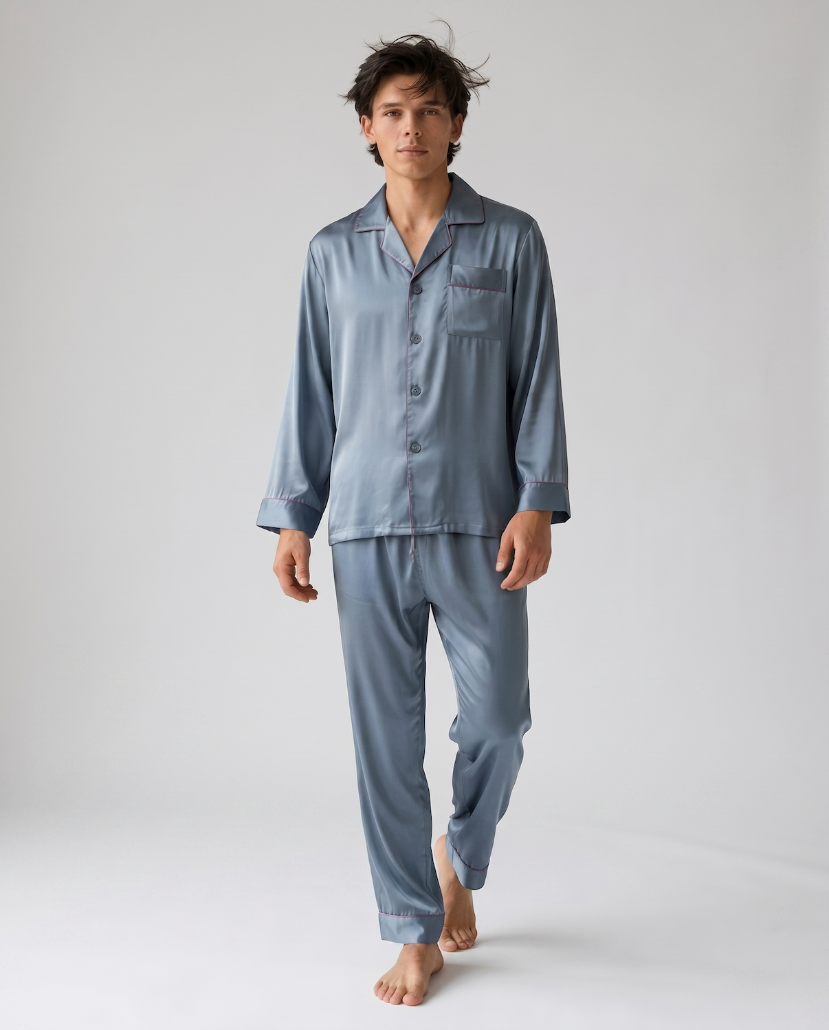 Men's Ice Silk Pajamas – Long Sleeve Pants Set for Spring and Autumn, Casual Summer Silk Suit