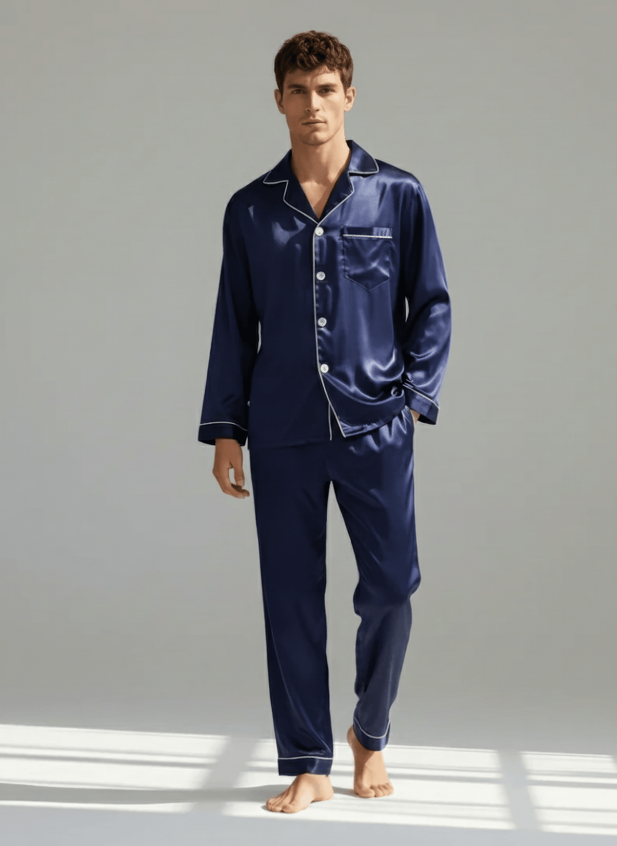 Men's Ice Silk Pajamas – Long Sleeve Pants Set for Spring and Autumn, Casual Summer Silk Suit