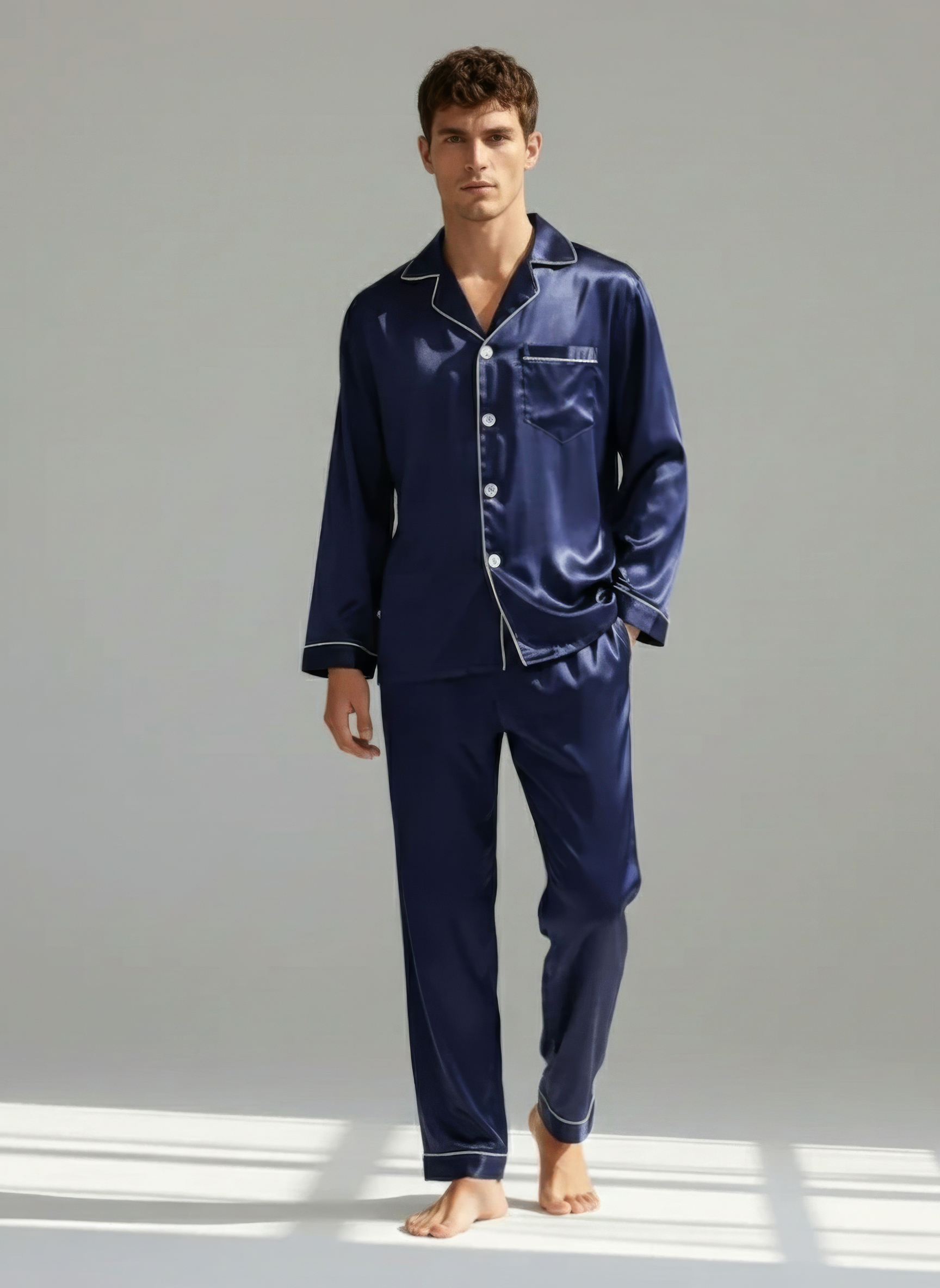 Men's Ice Silk Pajamas – Long Sleeve Pants Set for Spring and Autumn, Casual Summer Silk Suit