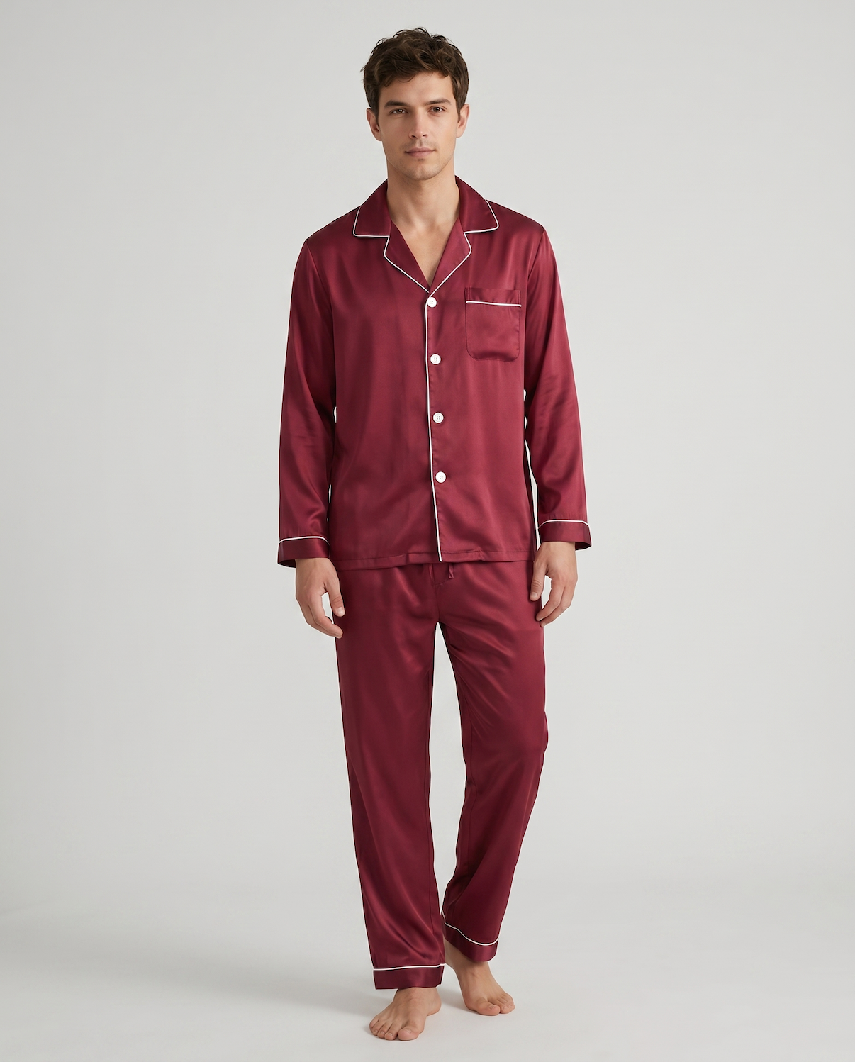 Men's Ice Silk Pajamas – Long Sleeve Pants Set for Spring and Autumn, Casual Summer Silk Suit
