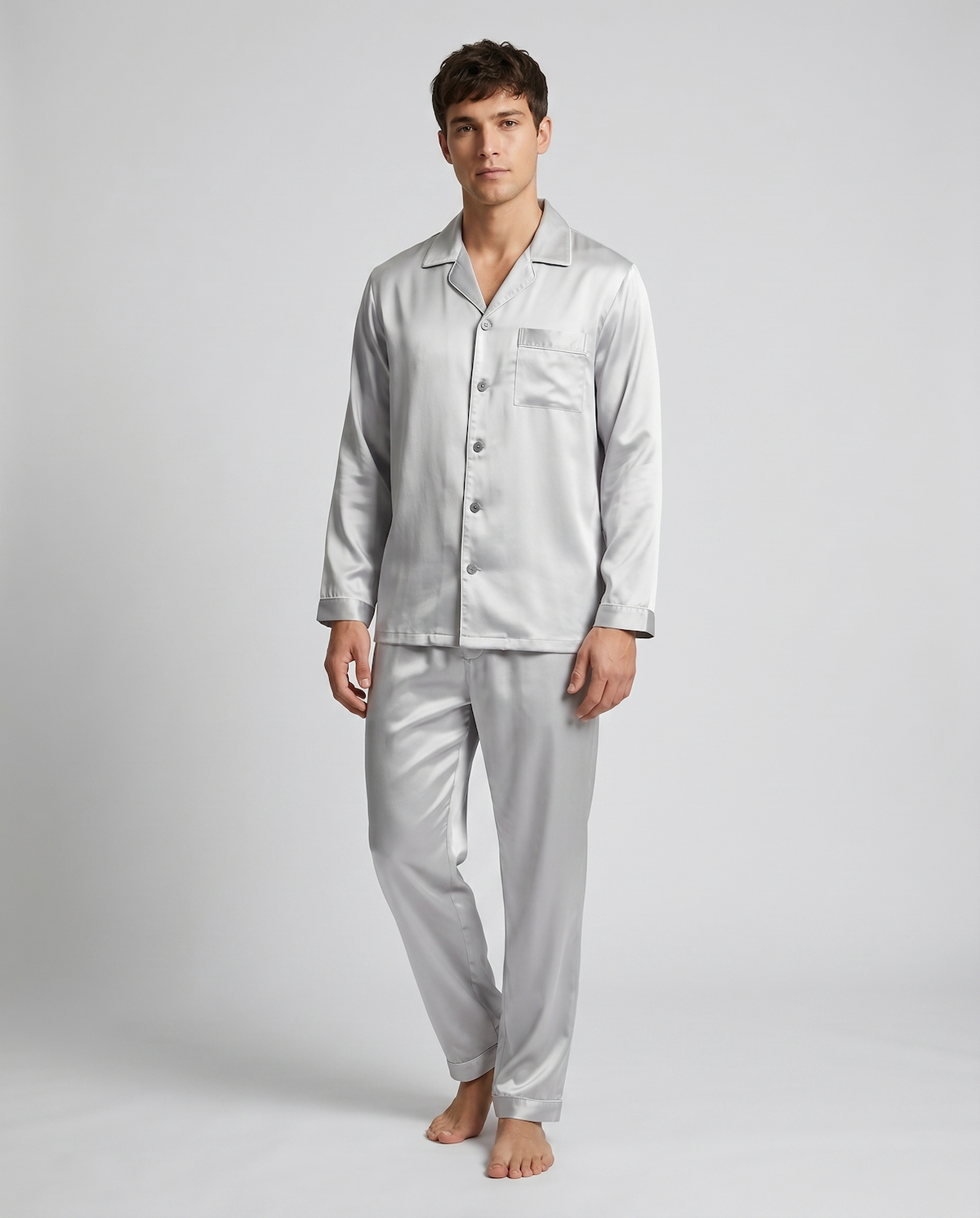 Men's Ice Silk Pajamas – Long Sleeve Pants Set for Spring and Autumn, Casual Summer Silk Suit