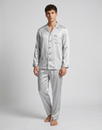Men's Ice Silk Pajamas – Long Sleeve Pants Set for Spring and Autumn, Casual Summer Silk Suit