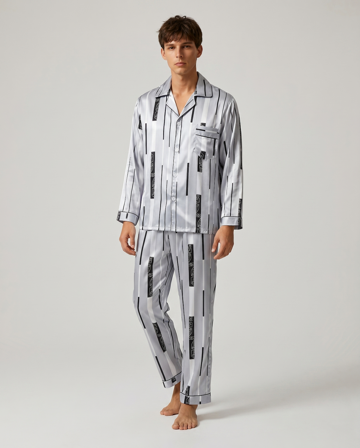 Men's Ice Silk Pajamas – Long Sleeve Pants Set for Spring and Autumn, Casual Summer Silk Suit