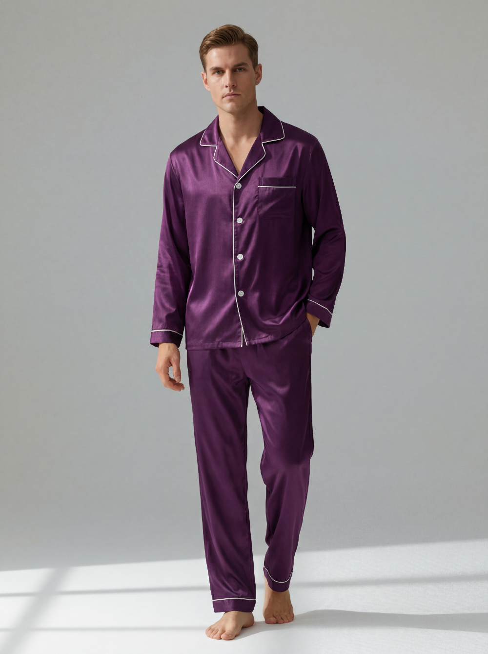 Men's Ice Silk Pajamas – Long Sleeve Pants Set for Spring and Autumn, Casual Summer Silk Suit