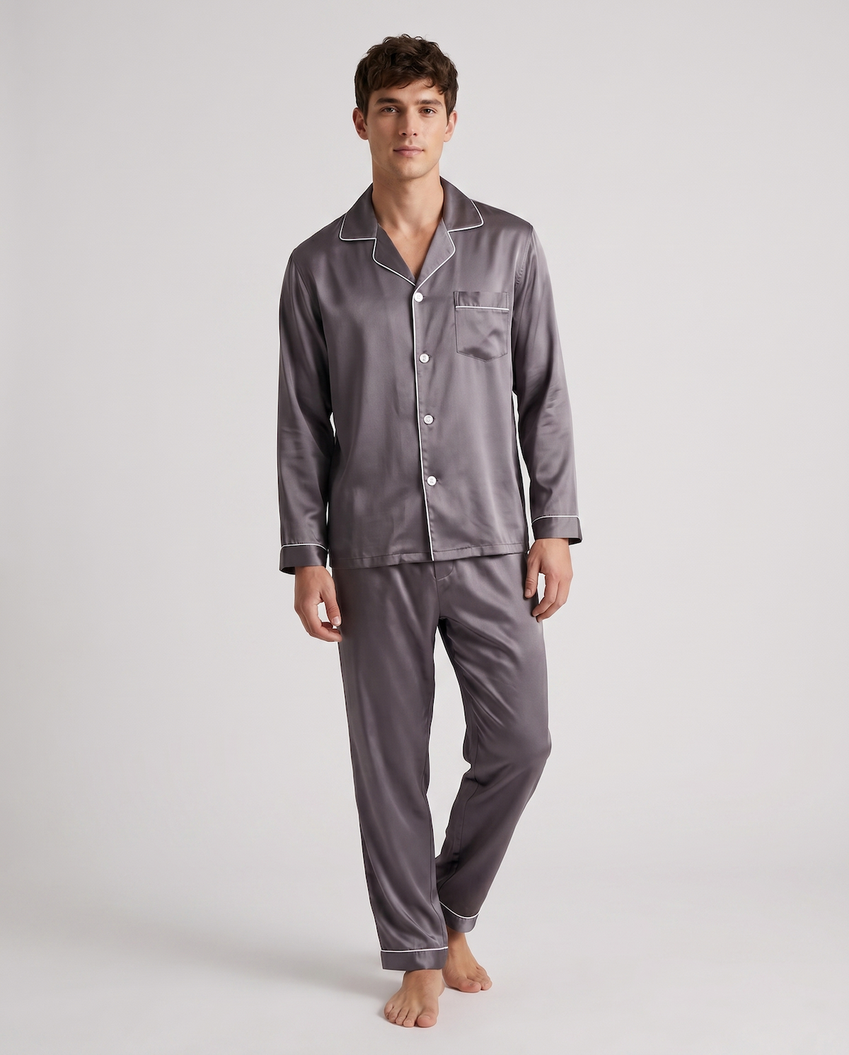 Men's Ice Silk Pajamas – Long Sleeve Pants Set for Spring and Autumn, Casual Summer Silk Suit
