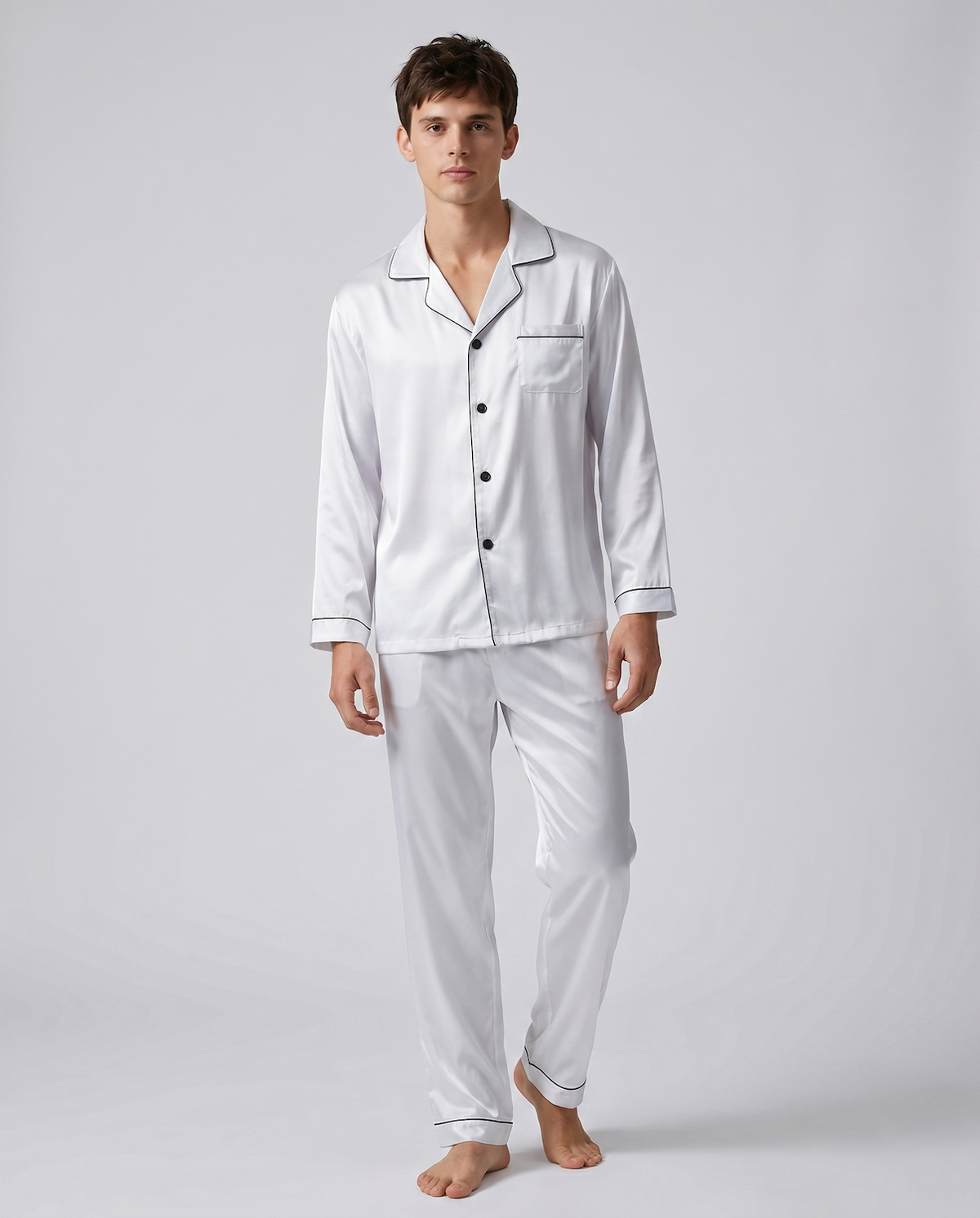 Men's Ice Silk Pajamas – Long Sleeve Pants Set for Spring and Autumn, Casual Summer Silk Suit