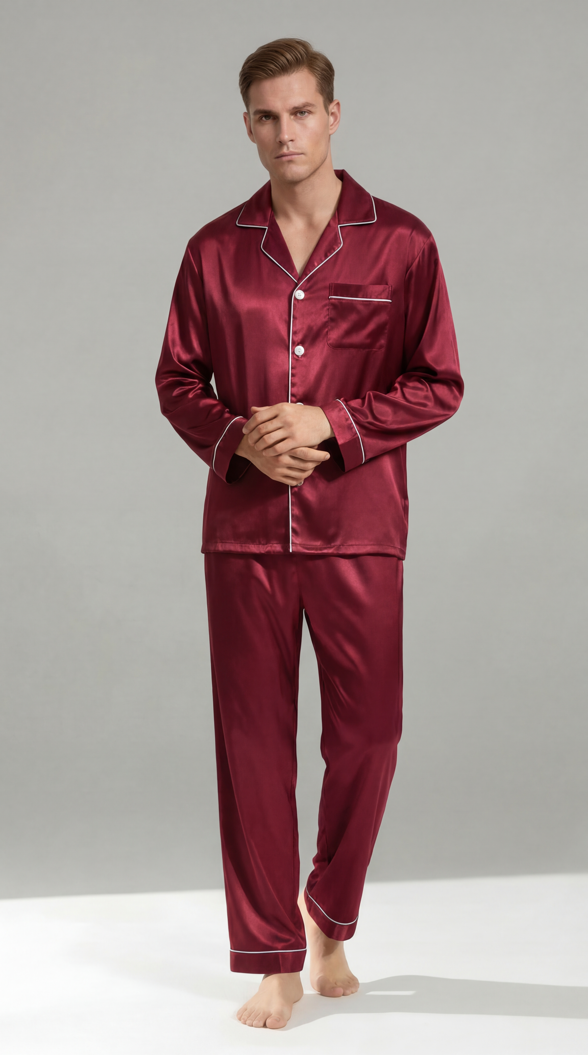 Men's Ice Silk Pajamas – Long Sleeve Pants Set for Spring and Autumn, Casual Summer Silk Suit