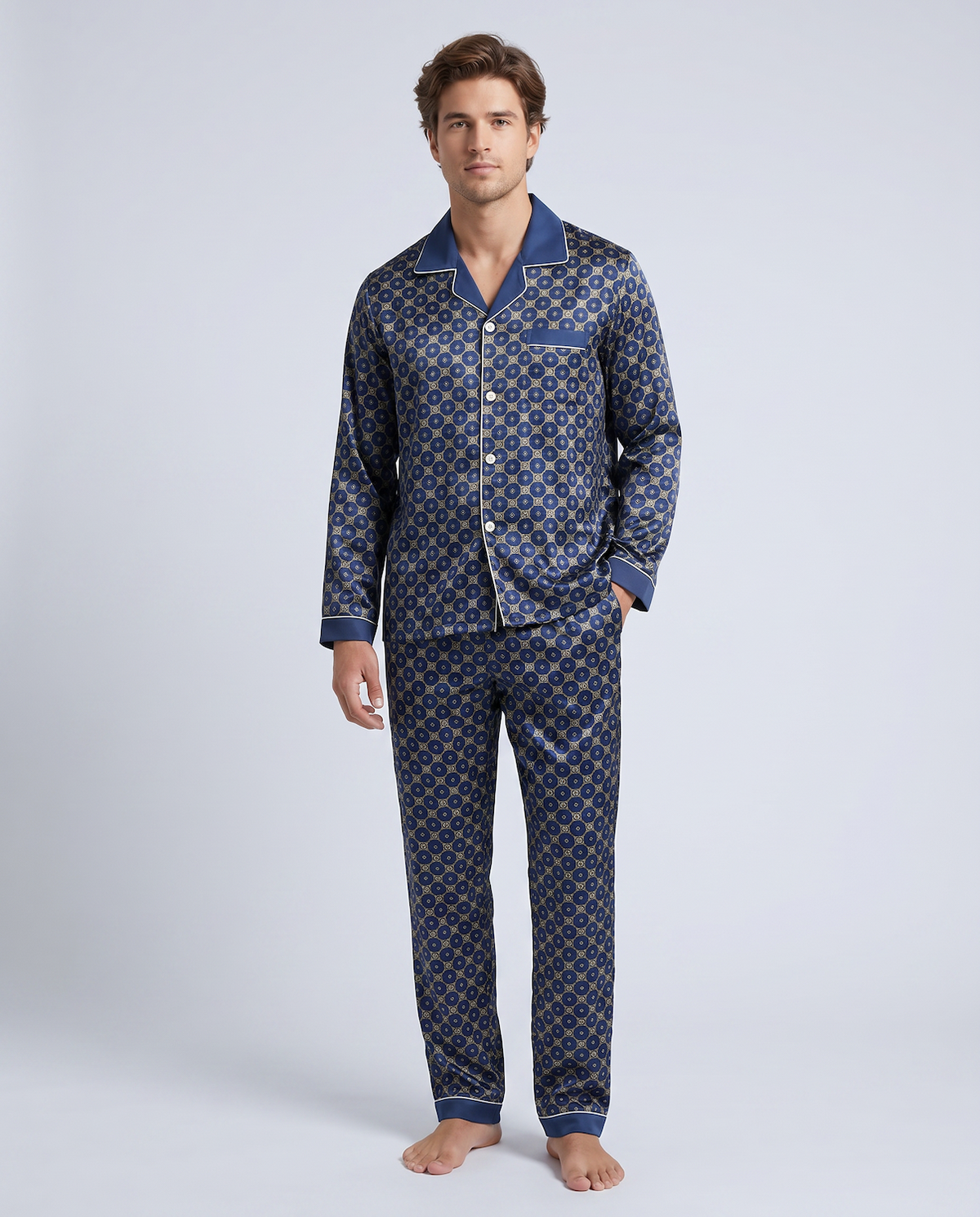 Men’s Silk-Feel Pajama Set – Lightweight Long & Short Sleeve Sleepwear for All Seasons