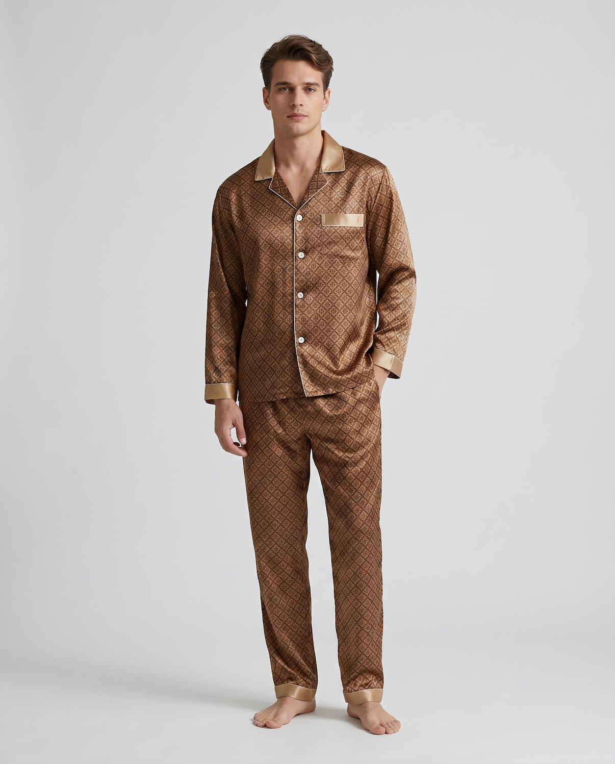 Men’s Silk-Feel Pajama Set – Lightweight Long & Short Sleeve Sleepwear for All Seasons