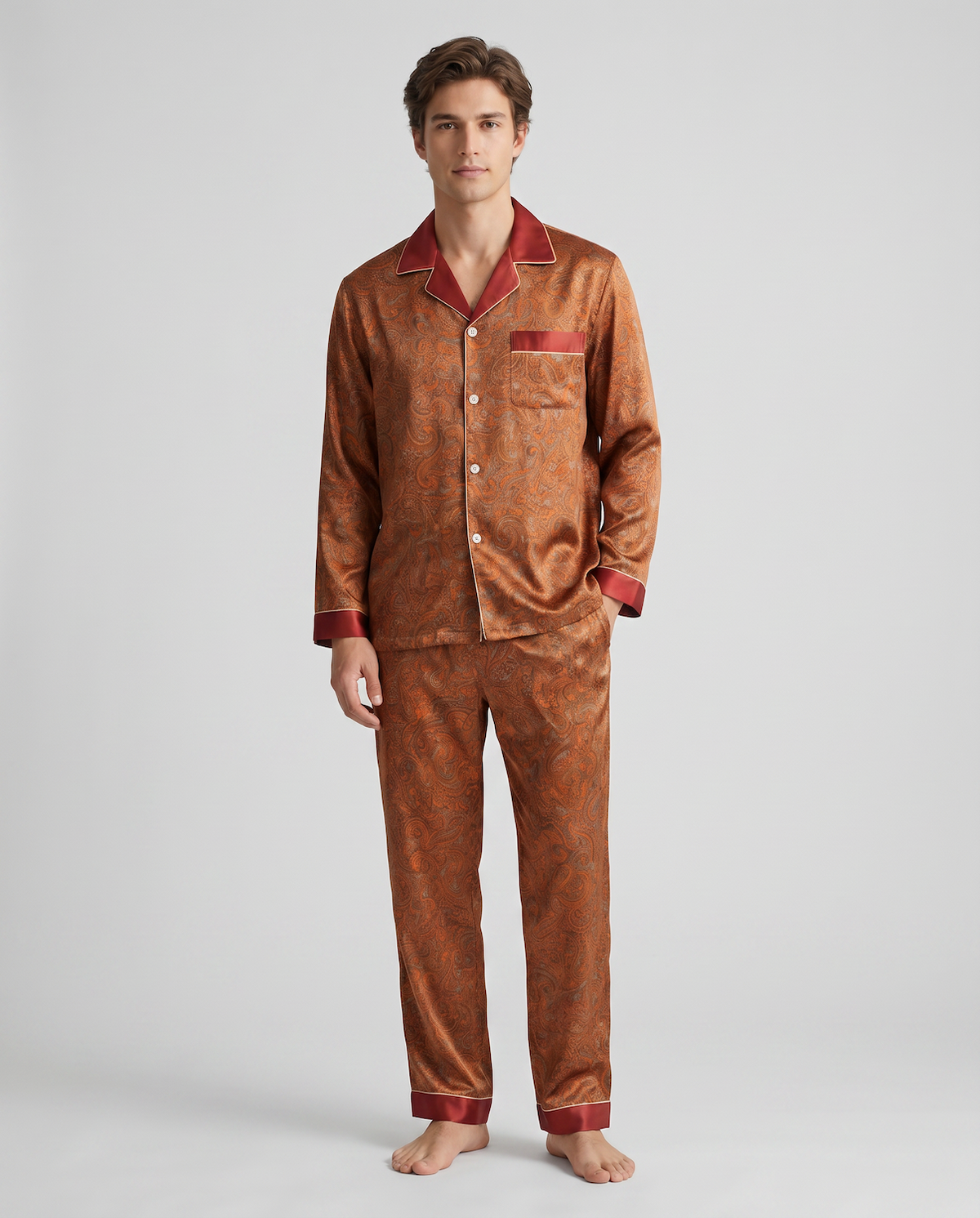 Men’s Silk-Feel Pajama Set – Lightweight Long & Short Sleeve Sleepwear for All Seasons