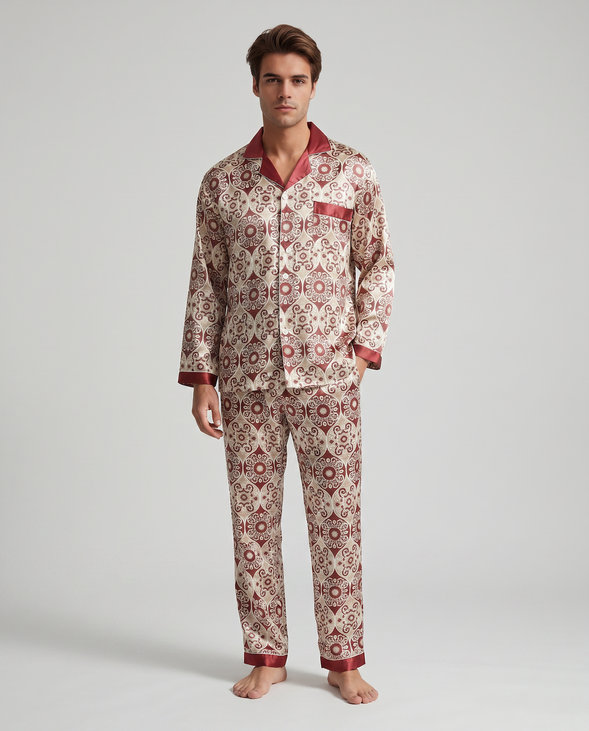 Men’s Silk-Feel Pajama Set – Lightweight Long & Short Sleeve Sleepwear for All Seasons