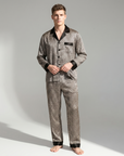 Men’s Silk-Feel Pajama Set – Long Sleeve Satin-Look Sleepwear with Elegant Pattern