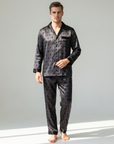 Men’s Silk-Feel Pajama Set – Long Sleeve Satin-Look Sleepwear with Elegant Pattern