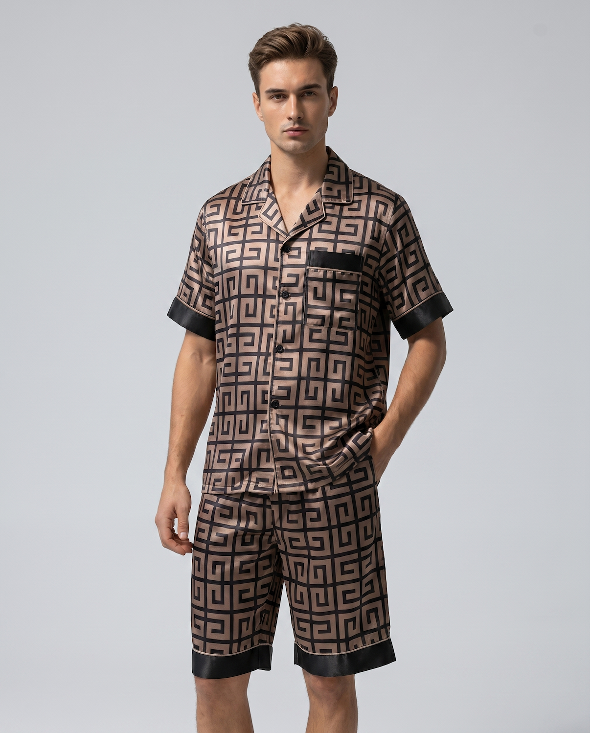 Men’s Silk-Like Pajama Set – Geometric Patterned Sleepwear