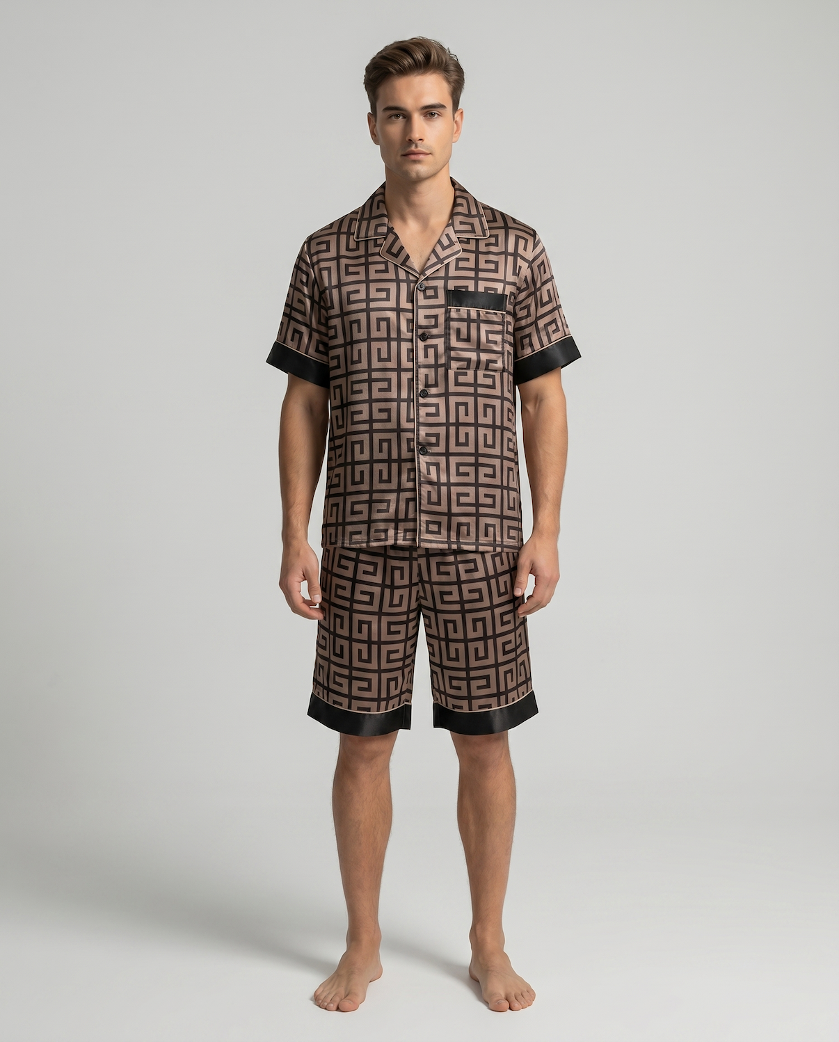 Men’s Silk-Like Pajama Set – Geometric Patterned Sleepwear