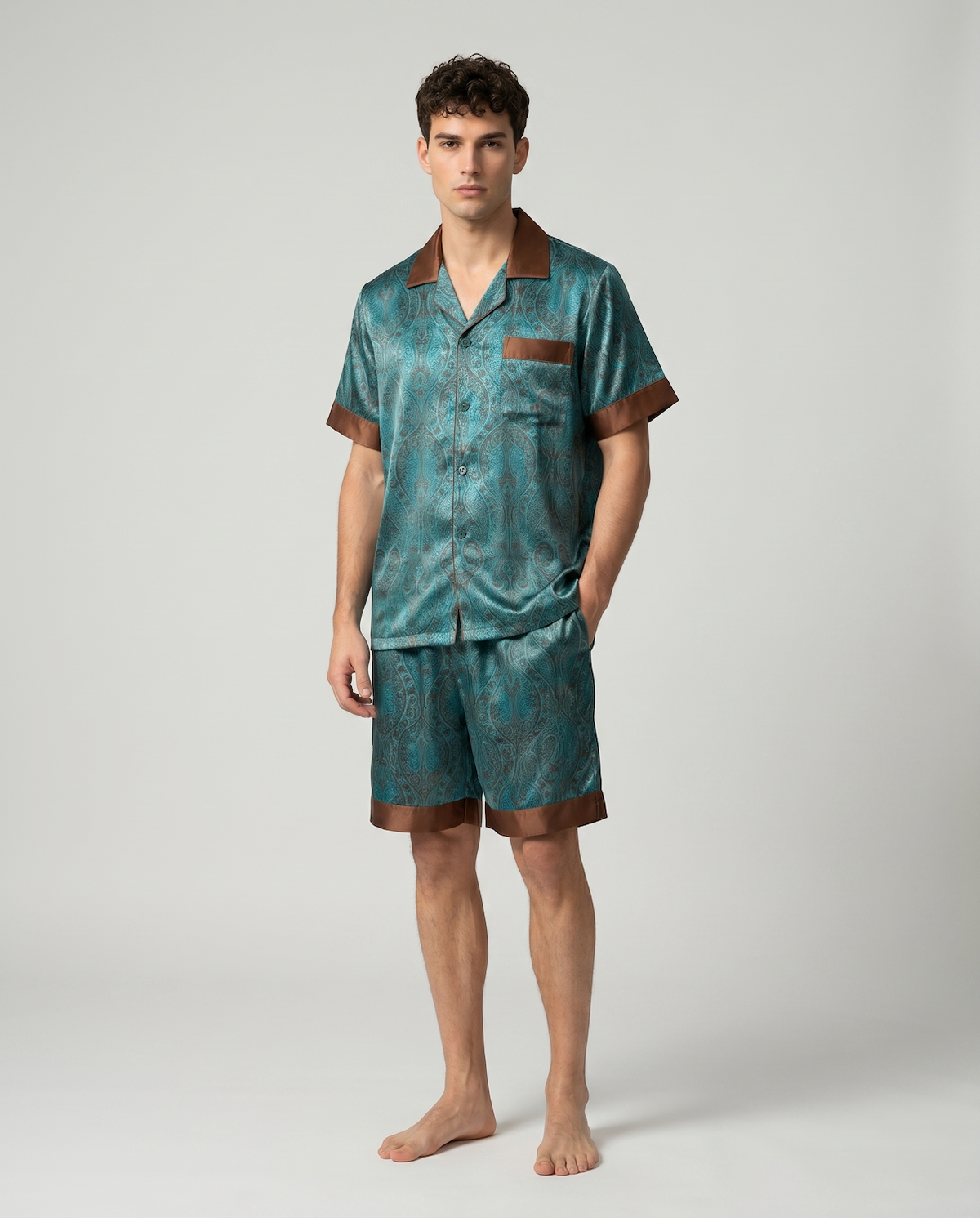 Men’s Silk-Like Pajama Set – Luxurious Paisley Pattern Sleepwear