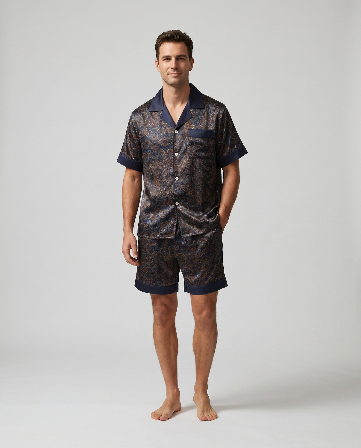 Men’s Silk-Like Pajama Set – Luxurious Paisley Pattern Sleepwear