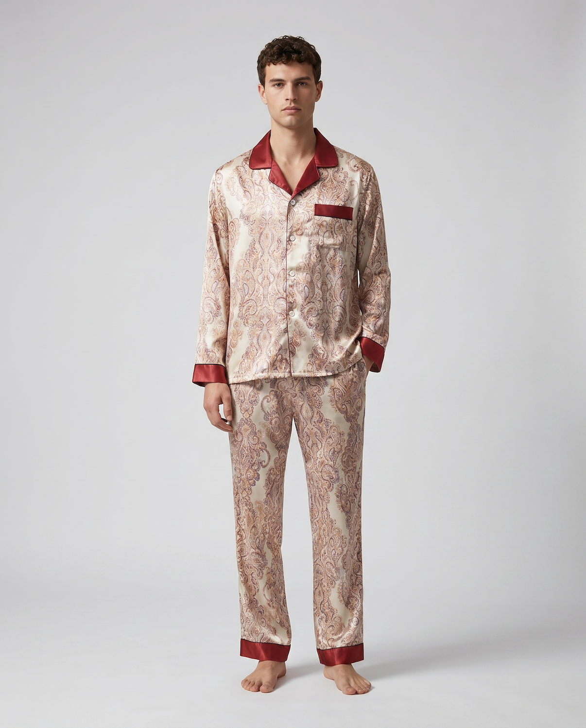 Men’s Silk-Like Pajama Set – Luxurious Paisley Pattern Sleepwear